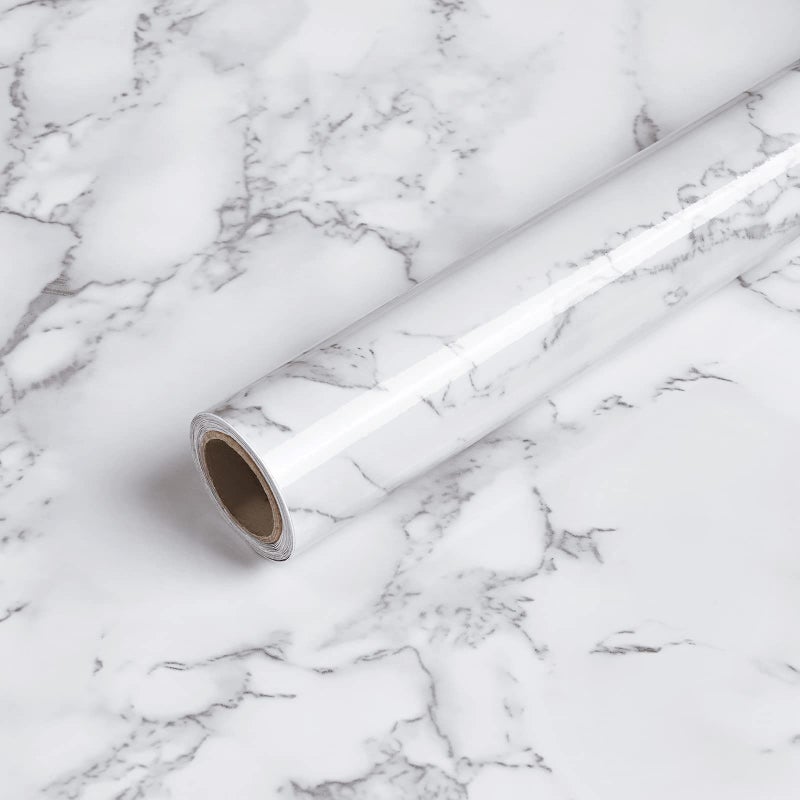 Caltero Marble Contact Paper 15.7"" x 197"" White Grey Marble Wallpaper Peel and Stick Glossy Marble Contact Paper Self Adhesive Contact Paper for Countertop Kitchen Cabinets Bathroom - Image 1